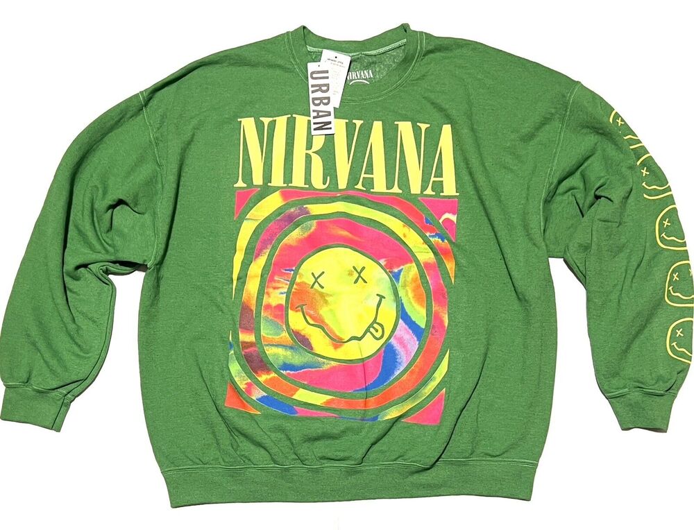 UO Nirvana Smile Overdyed Sweatshirt Green L/XL Urban Outfitters OVERSIZED NWT